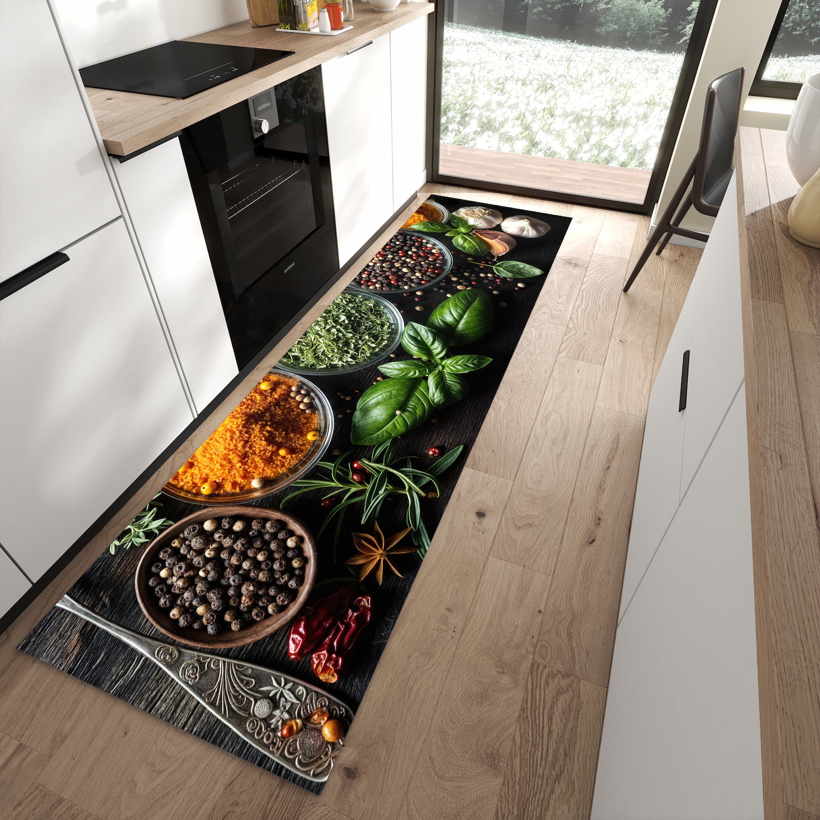 Geräuschdämpfender abwaschbarer Küchenläufer mit Motiv Gewürze Und Kräuter in moderner Küche