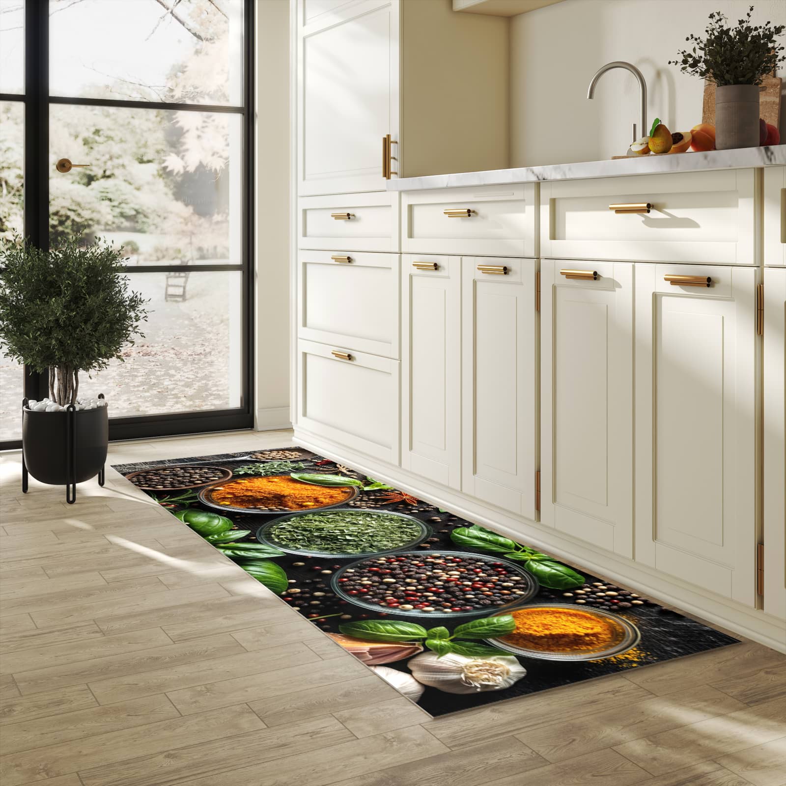 Flacher waschbarer Läufer für die Küche mit Motiv Gewürze Und Kräuter in heller Küche
