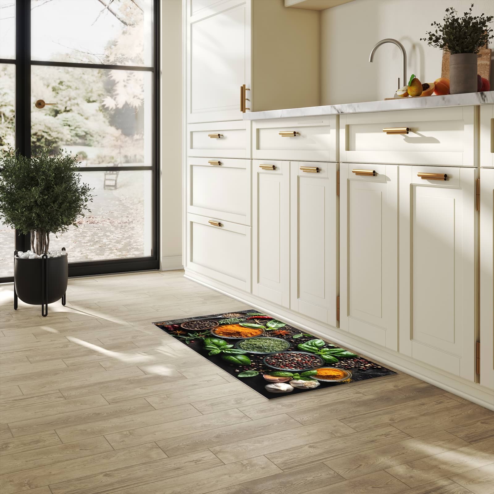Abriebfester Läufer für die Küche mit Motiv Gewürze Und Kräuter in heller Küche
