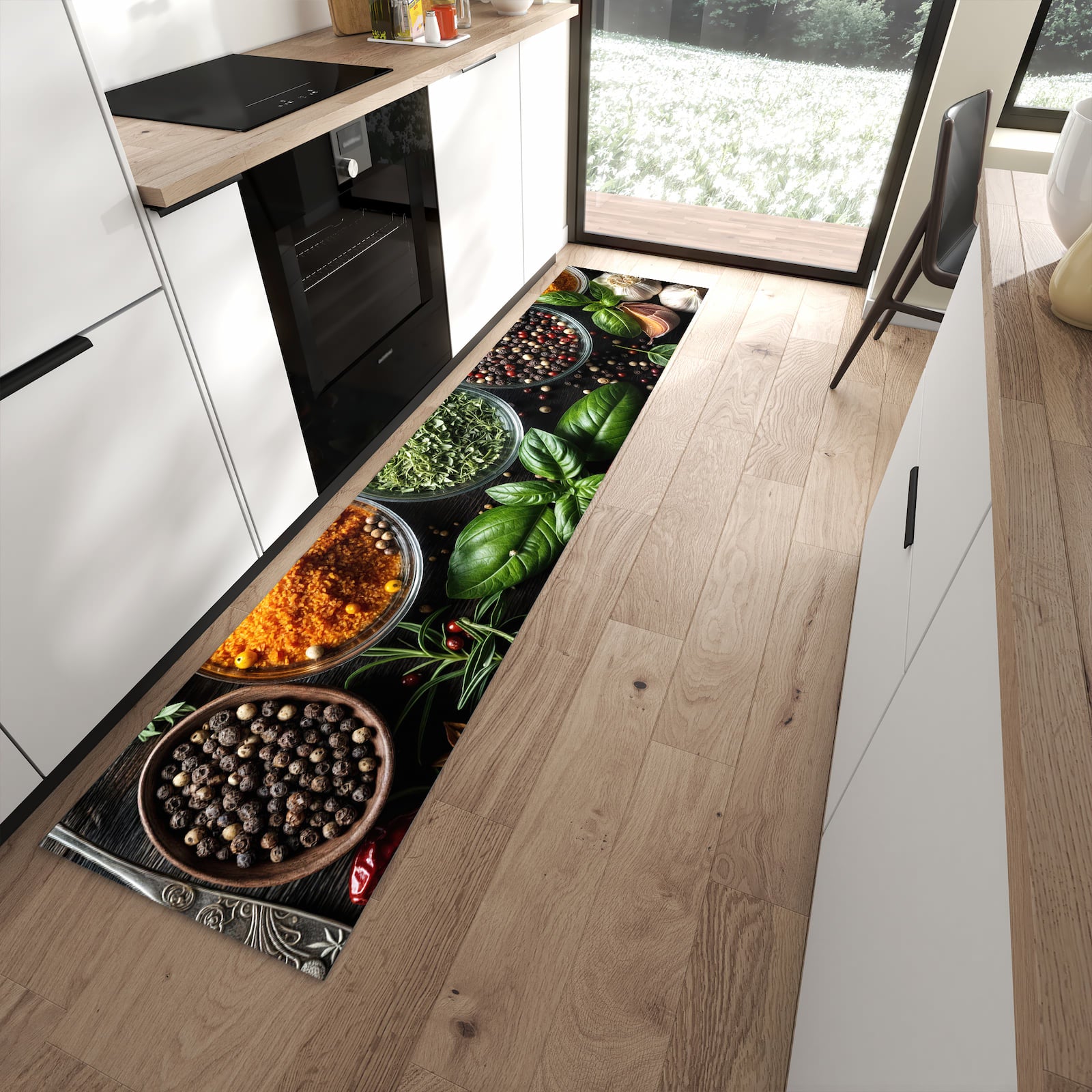 Bodenschonender rutschfester Küchenläufer mit Motiv Gewürze Und Kräuter in moderner Küche