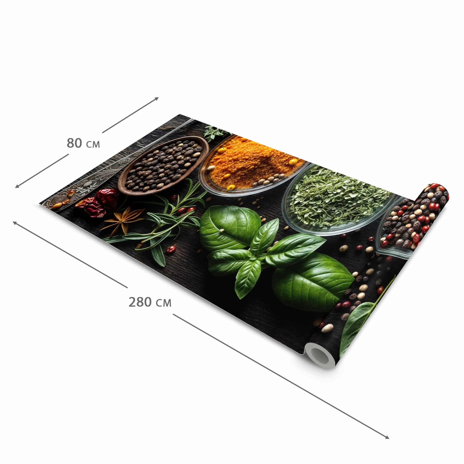 Zeitsparender waschbarer Küchenteppich mit Motiv Gewürze Und Kräuter in der Grösse 80x200 cm