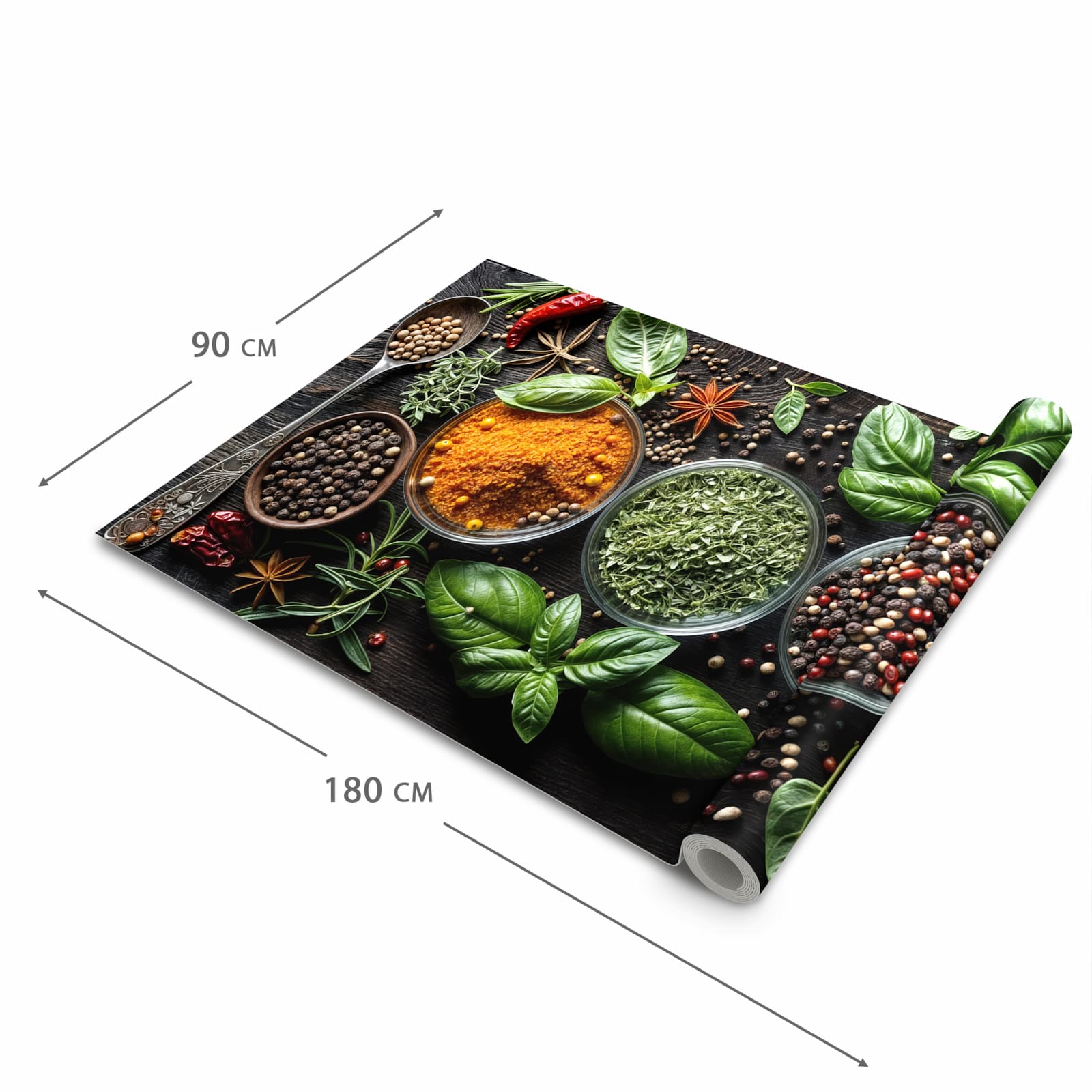 Abriebfester großer Küchenteppich mit Motiv Gewürze Und Kräuter in der Größe 80x200 cm