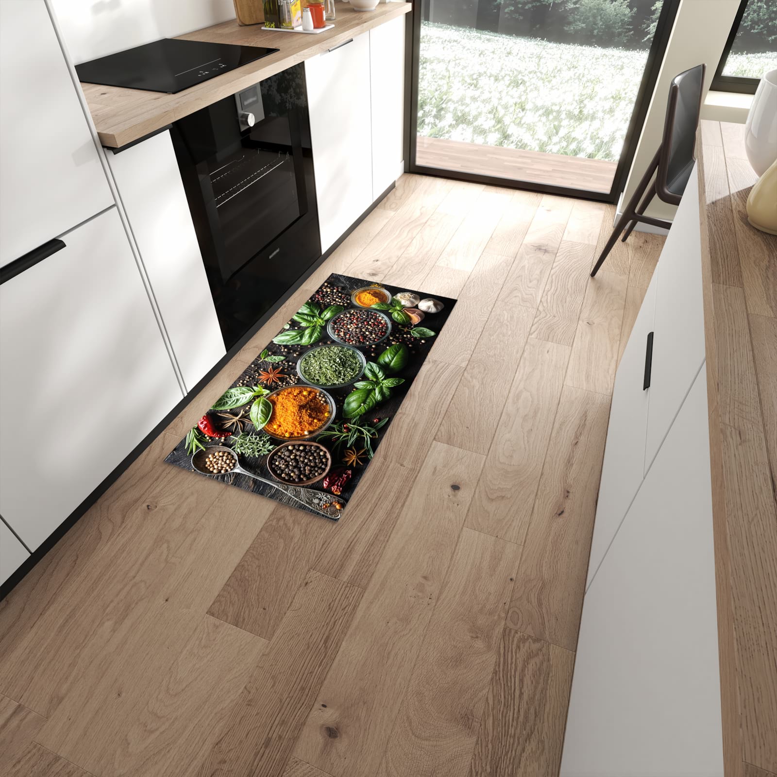 Rutschfester Küchenläufer mit Motiv Gewürze Und Kräuter in moderner Küche #grösse_60 x 120 cm