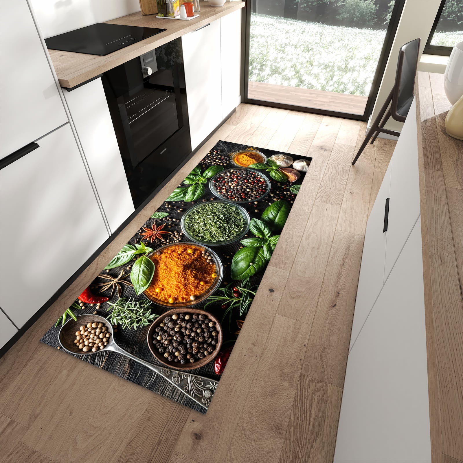 Waschbarer Küchenläufer mit Motiv Gewürze Und Kräuter in moderner Küche für sichere Aufbewahrung