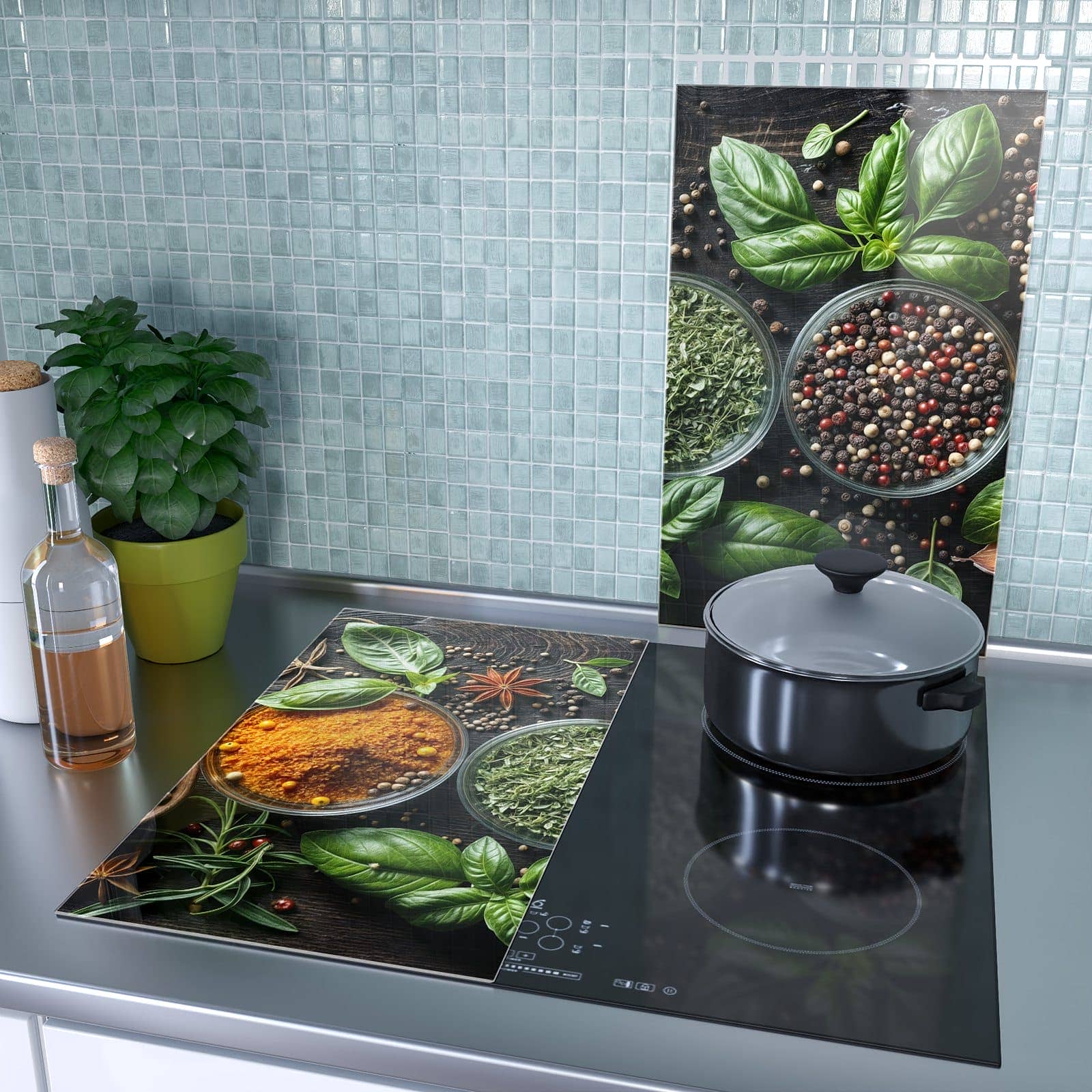 2-teilige Herdabdeckung aus Glas mit Gewürze Und Kräuter-Motiv als Spritzschutz hinter dem Kochfeld