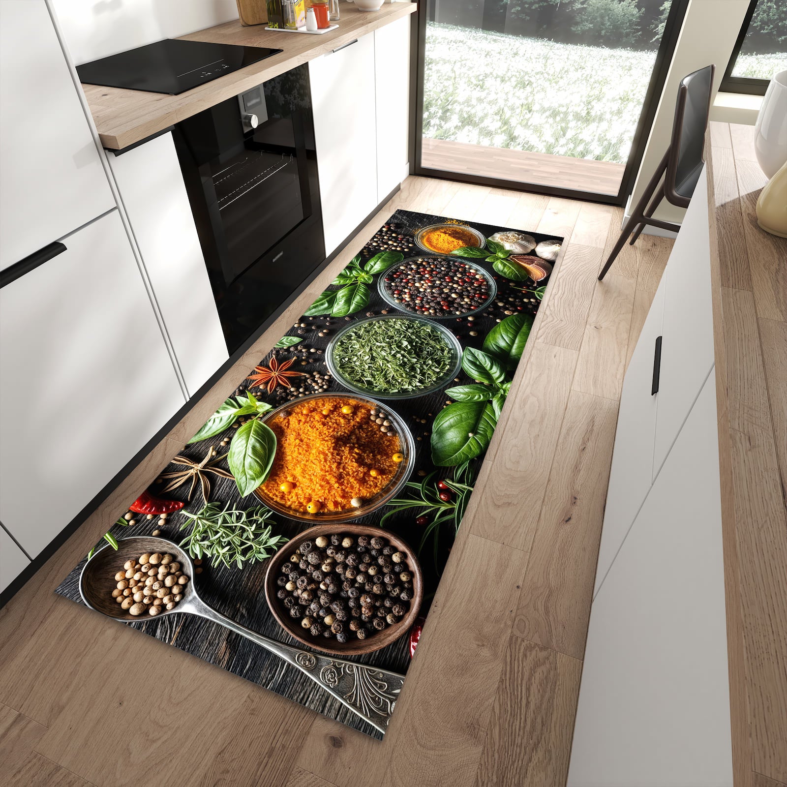Komfortabler Küchenteppich mit Motiv Gewürze Und Kräuter in moderner Küche