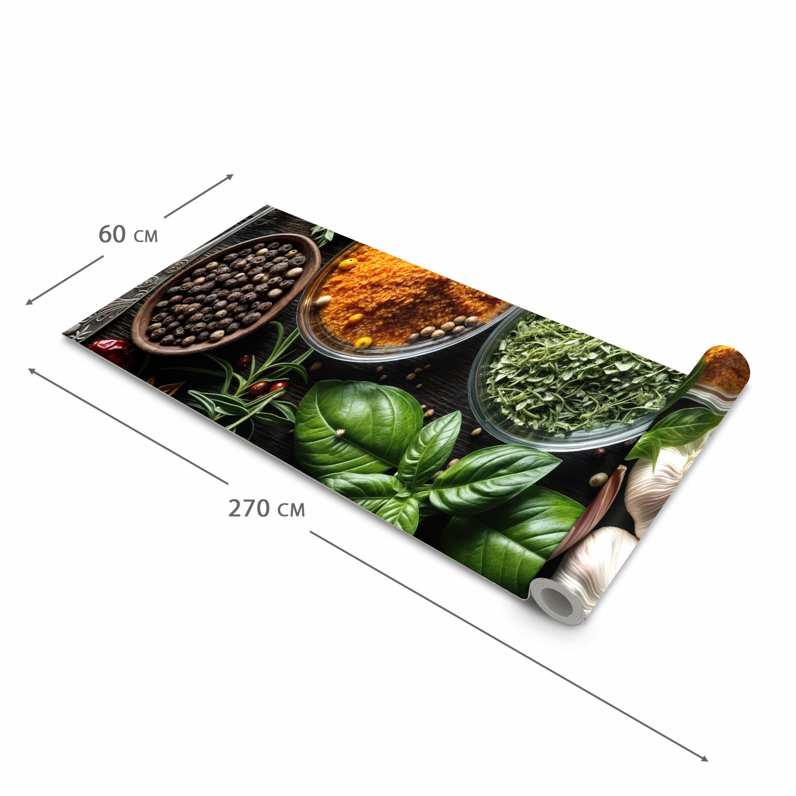 Küchenteppich mit Motiv Gewürze Und Kräuter in der Grösse 80x200 cm für Ordnung & Übersicht