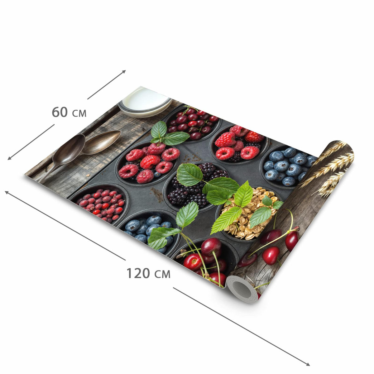Fleckenresistenter waschbarer Teppich Küche mit Motiv Bunte Beeren in der Grösse 60x90 cm