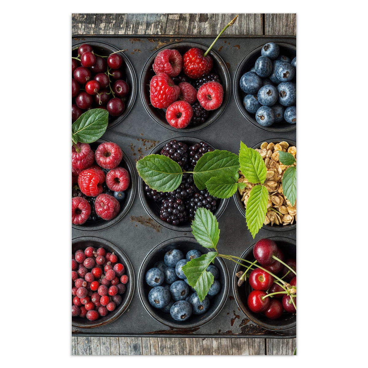 Muffinblech, dessen Mulden mit Kirschen, Himbeeren, Blaubeeren, Brombeeren, Johannisbeeren und Haferflocken gefüllt sind, auf Holz