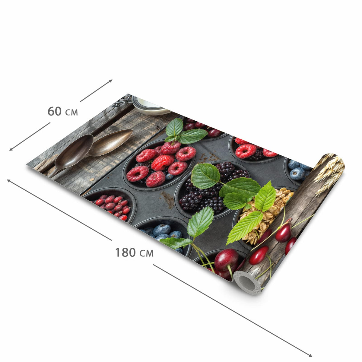 Geruchsneutraler Küchenläufer mit Motiv Bunte Beeren in der Grösse 60x90 cm