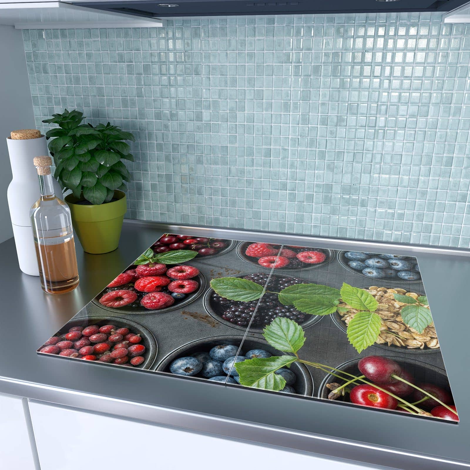 2-teilige Herdabdeckplatten aus Glas mit Bunte Beeren-Motiv auf dem Ceranfeld