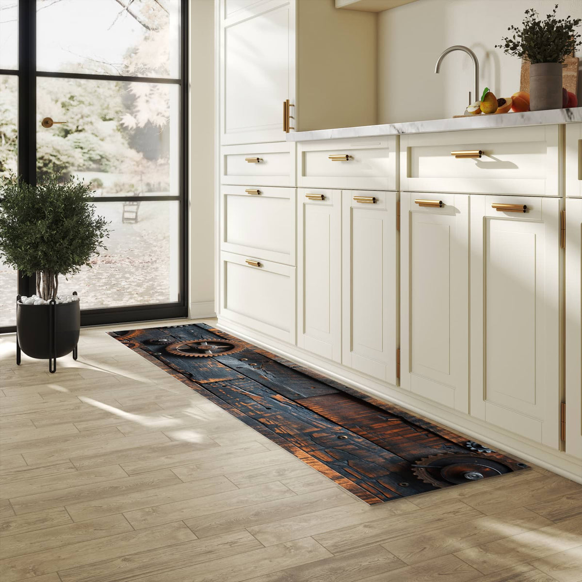 Küchenteppich mit Motiv Holz und Zahnräder in heller Küche für sichere Aufbewahrung