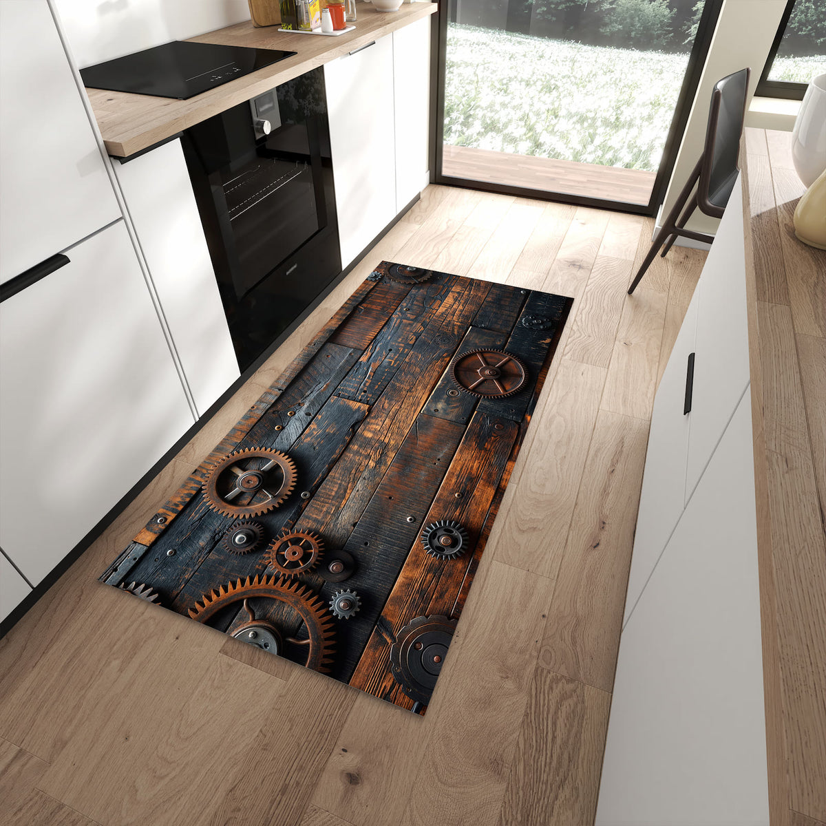Wasserabweisender Bodenläufer mit Motiv Holz und Zahnräder in moderner Küche