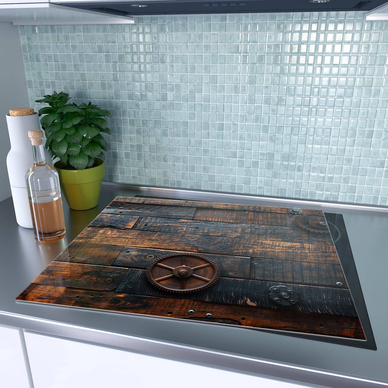 1-teilige Glasplatte für Herd mit Holz und Zahnräder-Motiv auf dem Ceranfeld