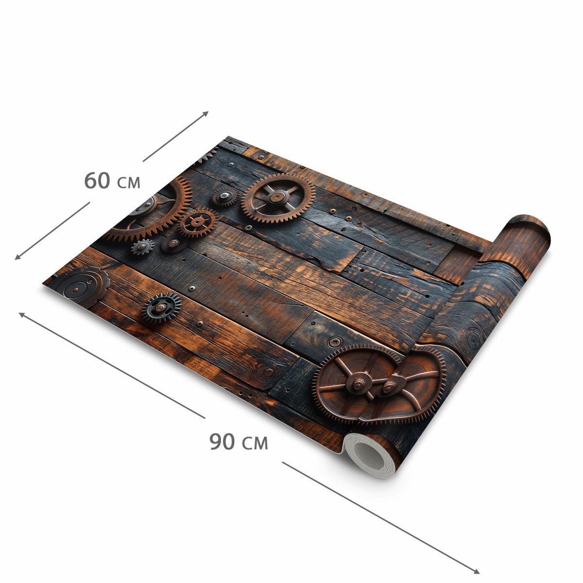 Küchenteppich mit Motiv Holz und Zahnräder in der Grösse 60x90 cm für sichere Aufbewahrung
