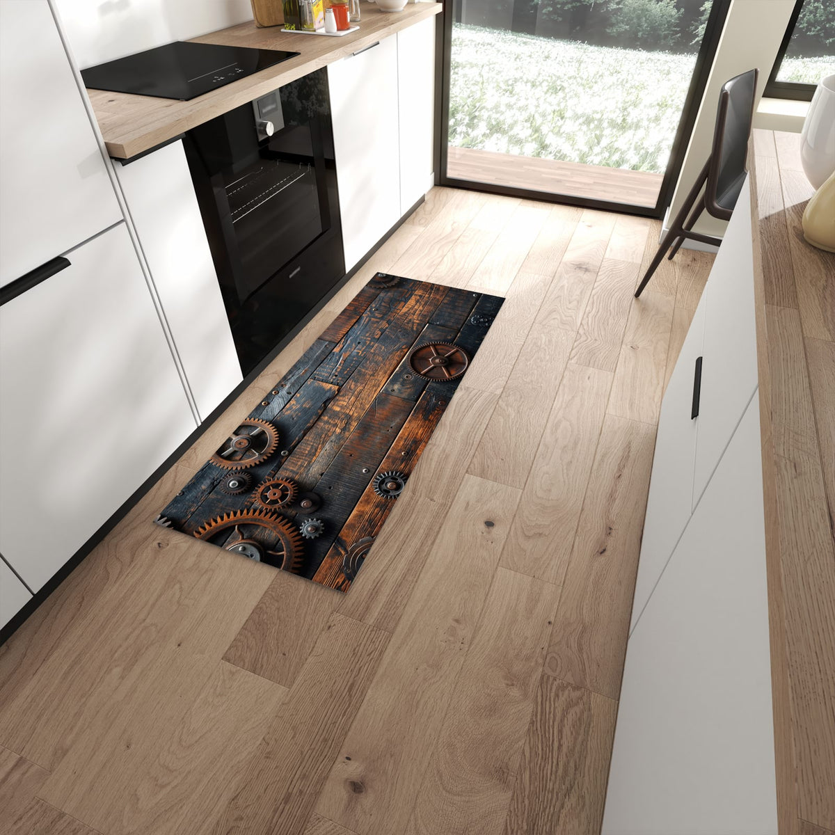 Waschbarer Küchenläufer mit Motiv Holz und Zahnräder für Ordnung in moderner Küche #grösse_60 x 150 cm