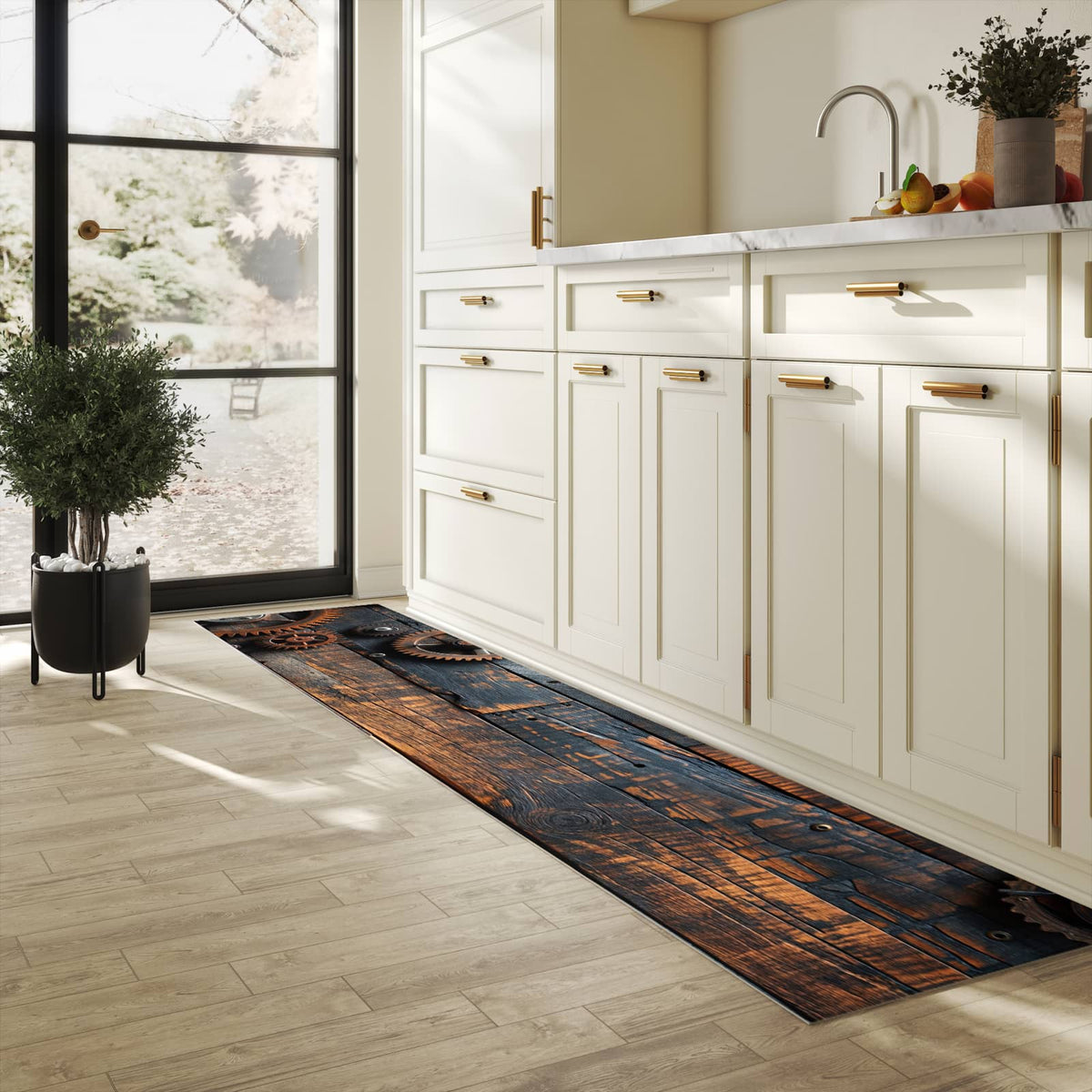 Zeitsparender Küchenläufer mit Motiv Holz und Zahnräder in heller Küche
