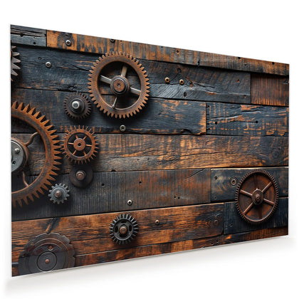 Wandbild mit dem Motiv Zahnräder auf Holz