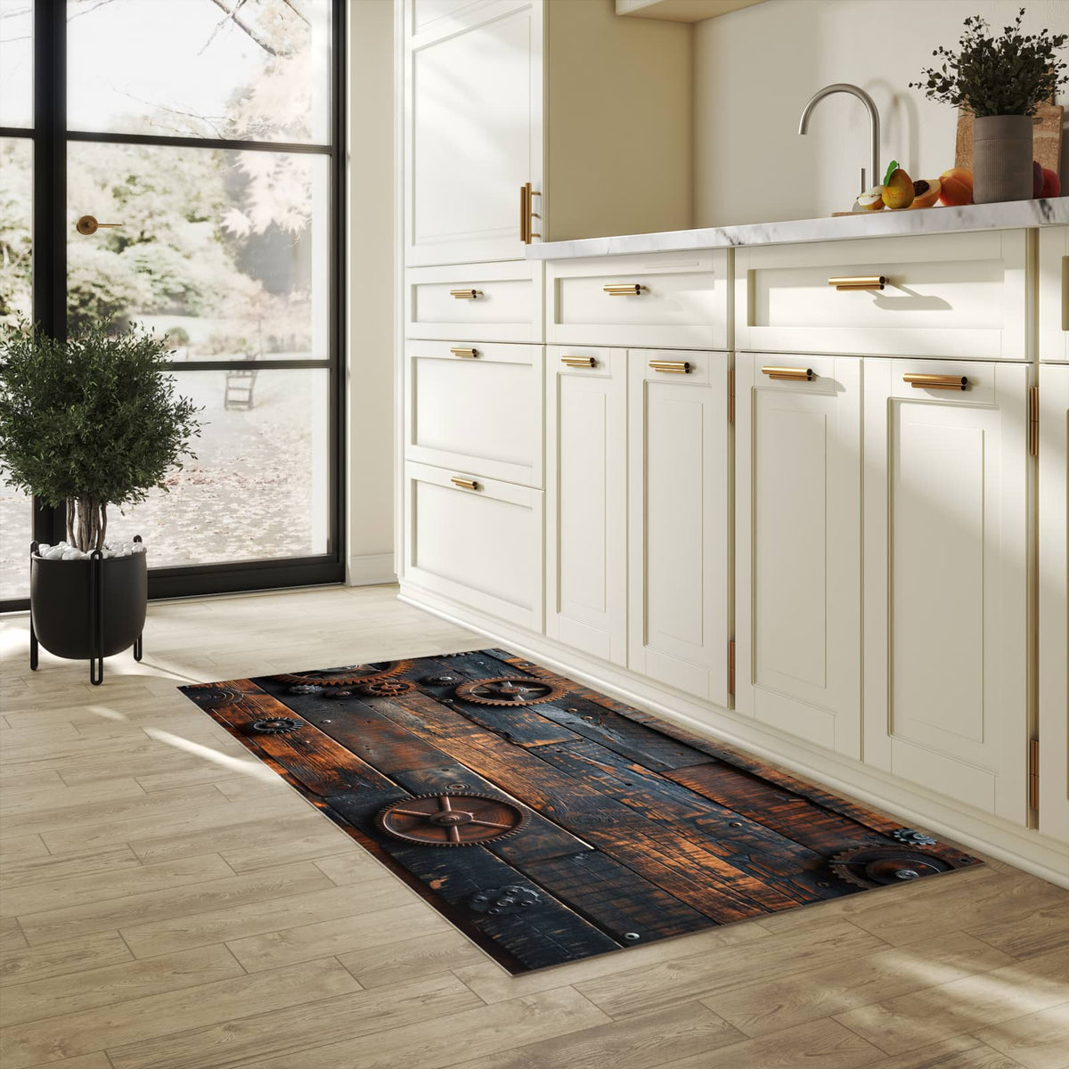 Fleckenresistenter rutschfester Küchenläufer mit Motiv Holz und Zahnräder in heller Küche