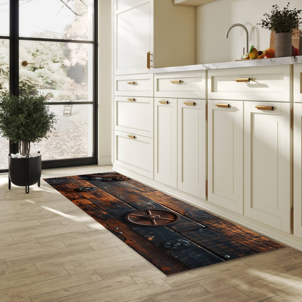 UV-beständiger rutschfester Küchenläufer mit Motiv Holz und Zahnräder in heller Küche