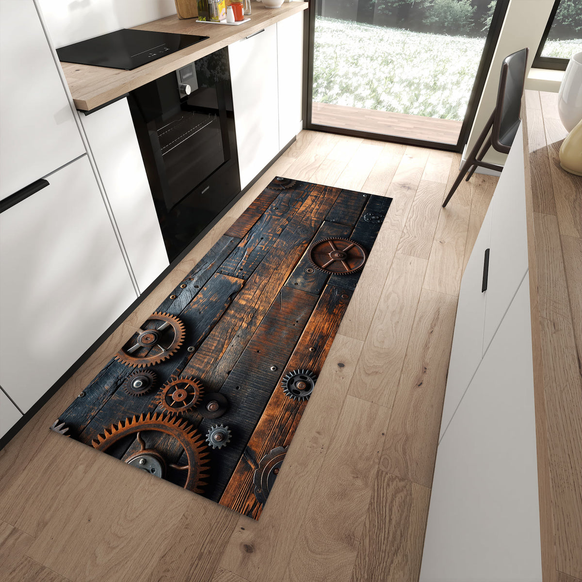 Geräuschdämpfender dünner Küchenteppich mit Motiv Holz und Zahnräder in moderner Küche