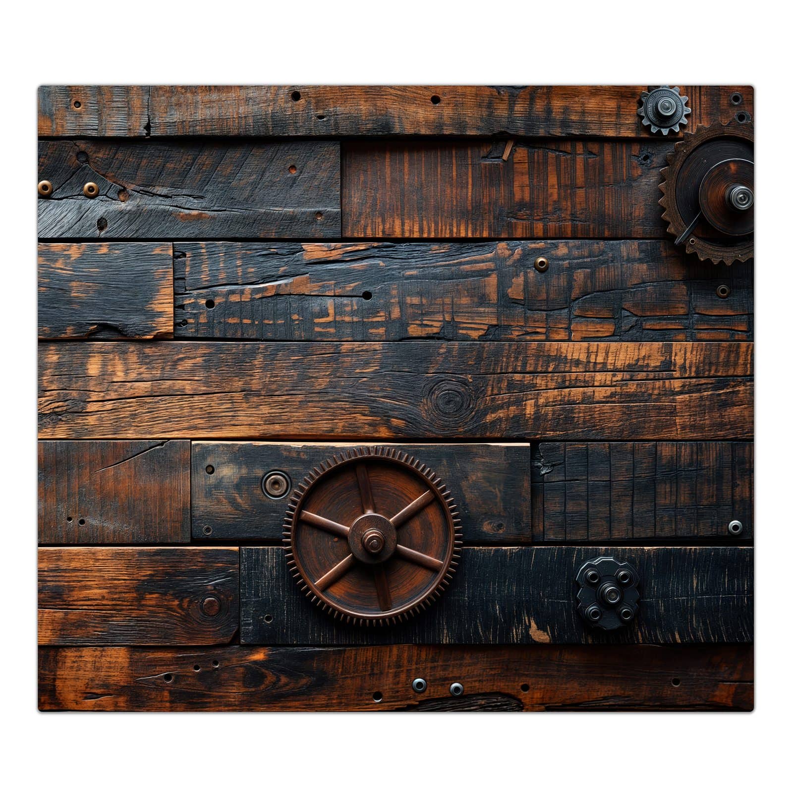 1-teilige Herdabdeckplatten mit Holz und Zahnräder-Motiv in der Frontansicht #grösse_1-Teilig (60x52cm)