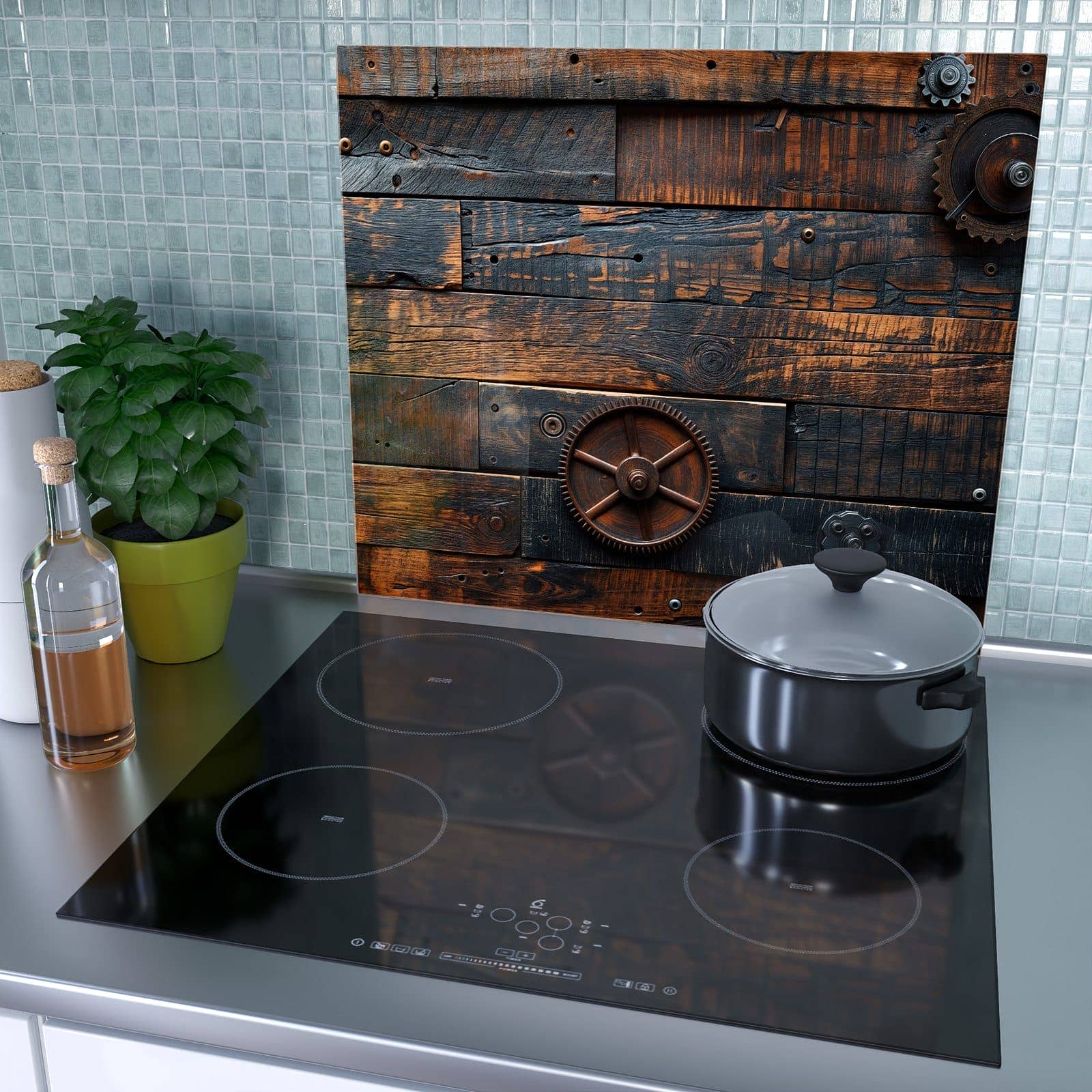 1-teilige Herdabdeckung aus Holz mit Holz und Zahnräder-Motiv als Spritzschutz hinter dem Kochfeld