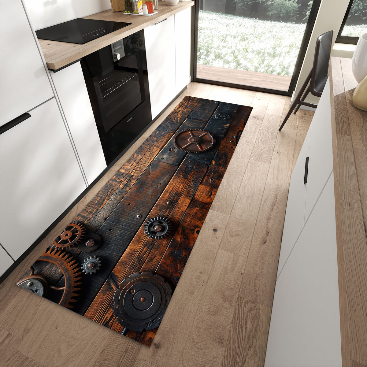 Abriebfester waschbarer Teppich fürs Esszimmer mit Motiv Holz und Zahnräder in moderner Küche