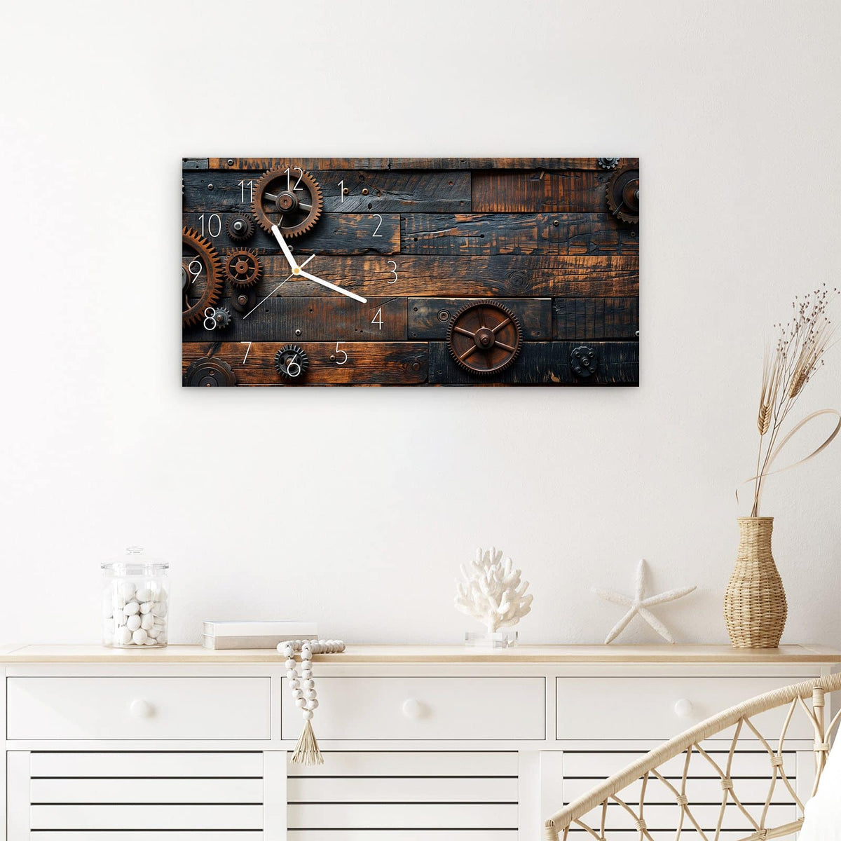 Wanduhr Holz und Zahnräder aus Glas – Querformat 60 × 30 cm – Zahnräder auf rustikalem Holz