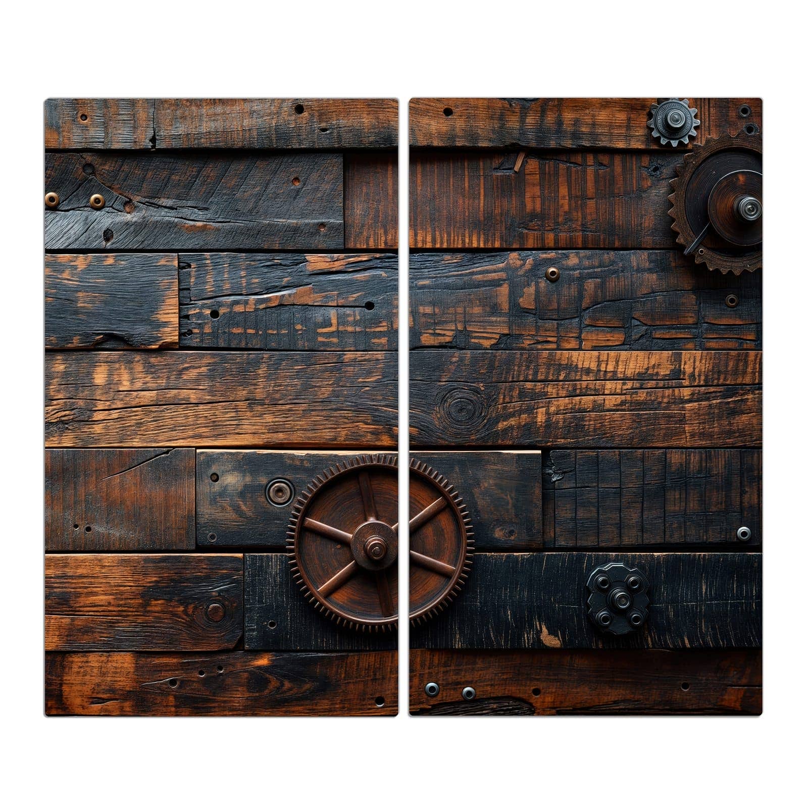 2-teilige Abdeckplatten mit Holz und Zahnräder-Motiv in der Frontansicht #grösse_2-Teilig (60x52cm)