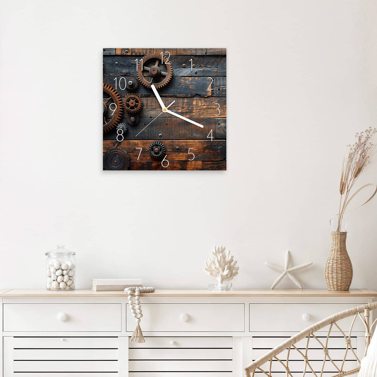 Wanduhr Zahnräder auf Holz aus Glas – Quadratisch 30 × 30 cm – Zahnräder auf rustikalem Holz