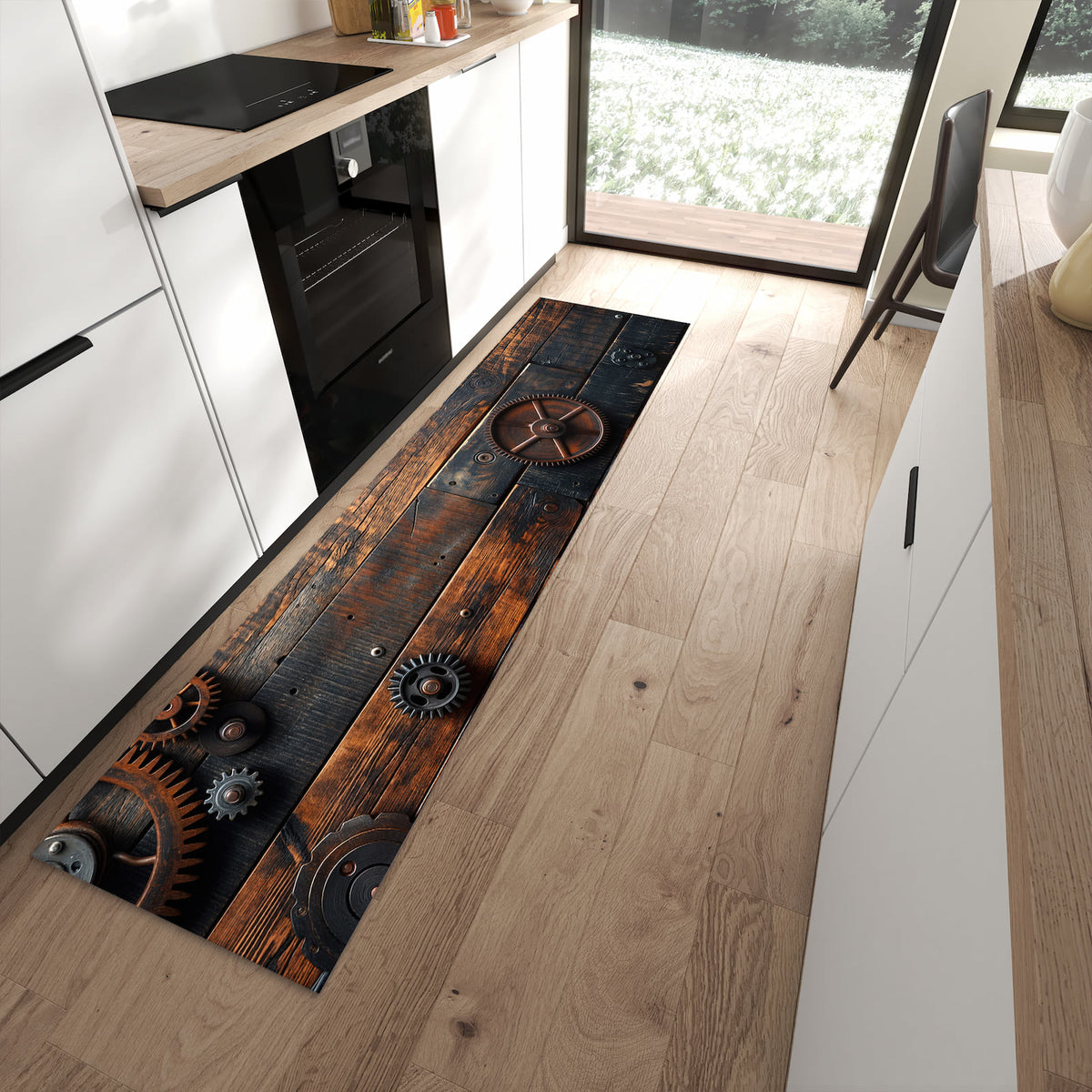 Farbbeständiger Läufer für den Eingangsbereich mit Motiv Holz und Zahnräder in moderner Küche