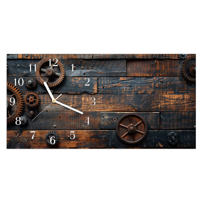Wanduhr Holz und Zahnräder aus Glas – Querformat 60 × 30 cm mit Ziffernblatt Klassisch