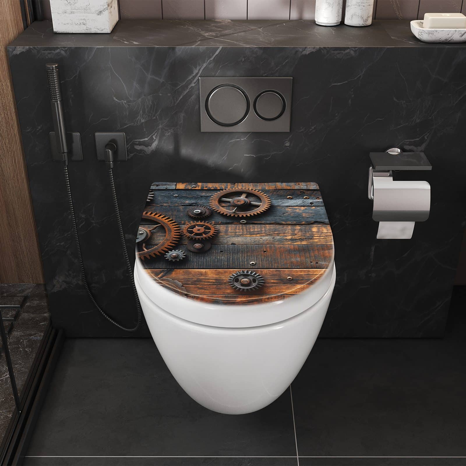 WC-Sitz mit Absenkautomatik Holz und Zahnräder