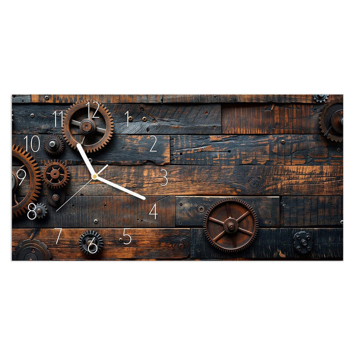 Wanduhr Holz und Zahnräder aus Glas – Querformat 60 × 30 cm mit Ziffernblatt Elegant