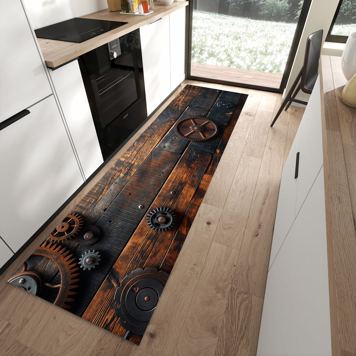 UV-beständiger waschbarer Teppich für Esstisch mit Motiv Holz und Zahnräder in moderner Küche