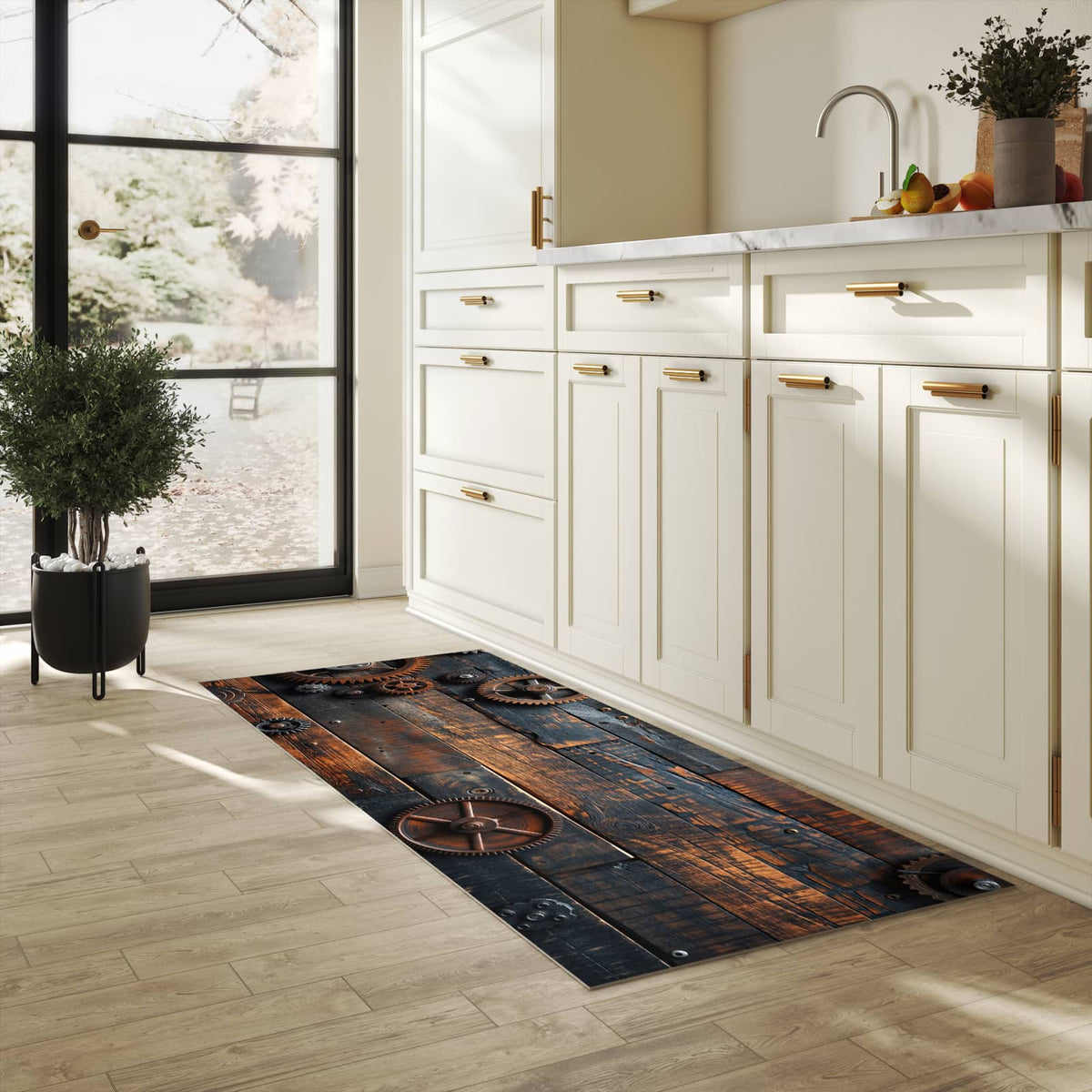 Abriebfester rutschfester Küchenläufer mit Motiv Holz und Zahnräder in heller Küche