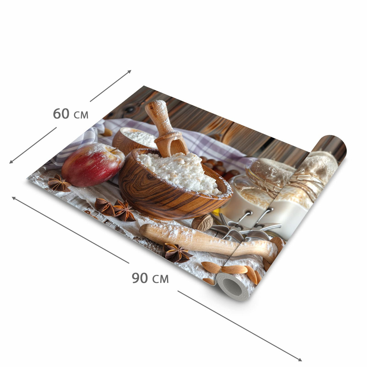 Rutschfester Küchenläufer mit Motiv Backzubehör Rustikal in der Grösse 60x300 cm - einfach zu reinigen