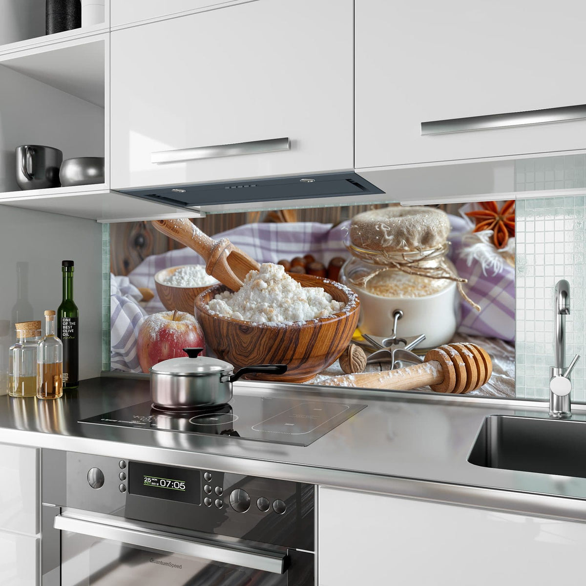 Küchenrückwand aus Glas Rustikales Backen im Hochformat als Spritzschutz hinter dem Kochfeld, über dem Fliesenspiegel montiert