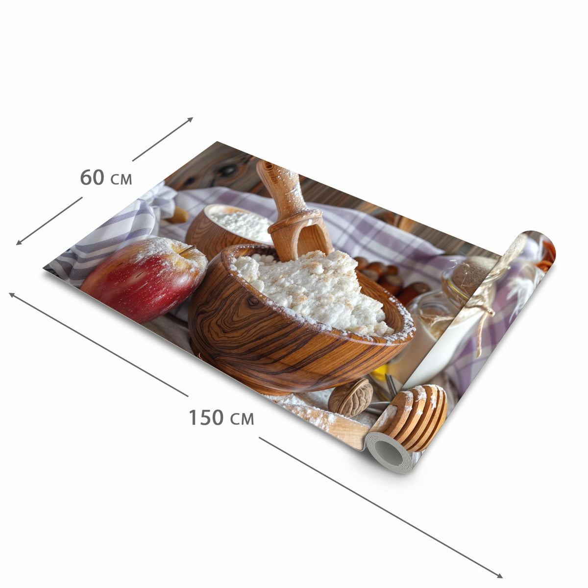 Langlebiger Küchenläufer mit Motiv Backzubehör Rustikal in der Grösse 60x300 cm, waschbar