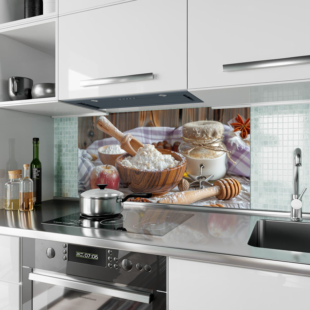 Küchenrückwand aus Glas Rustikales Backen im Hochformat als Spritzschutz hinter dem Kochfeld, über dem Fliesenspiegel montiert