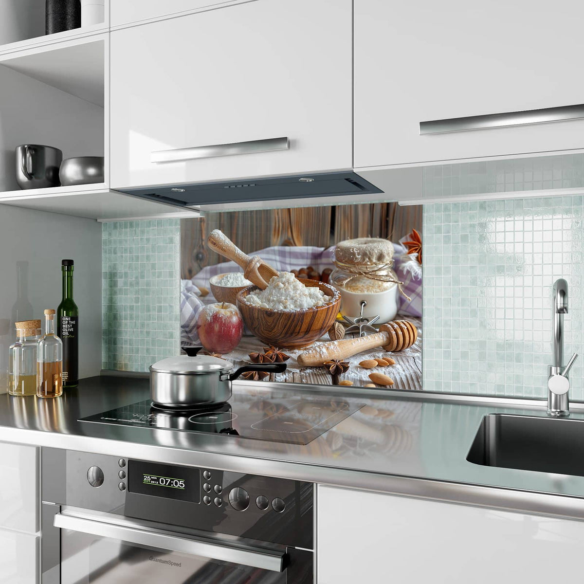 Küchenrückwand aus Glas Rustikales Backen im Hochformat als Spritzschutz hinter dem Kochfeld, über dem Fliesenspiegel montiert