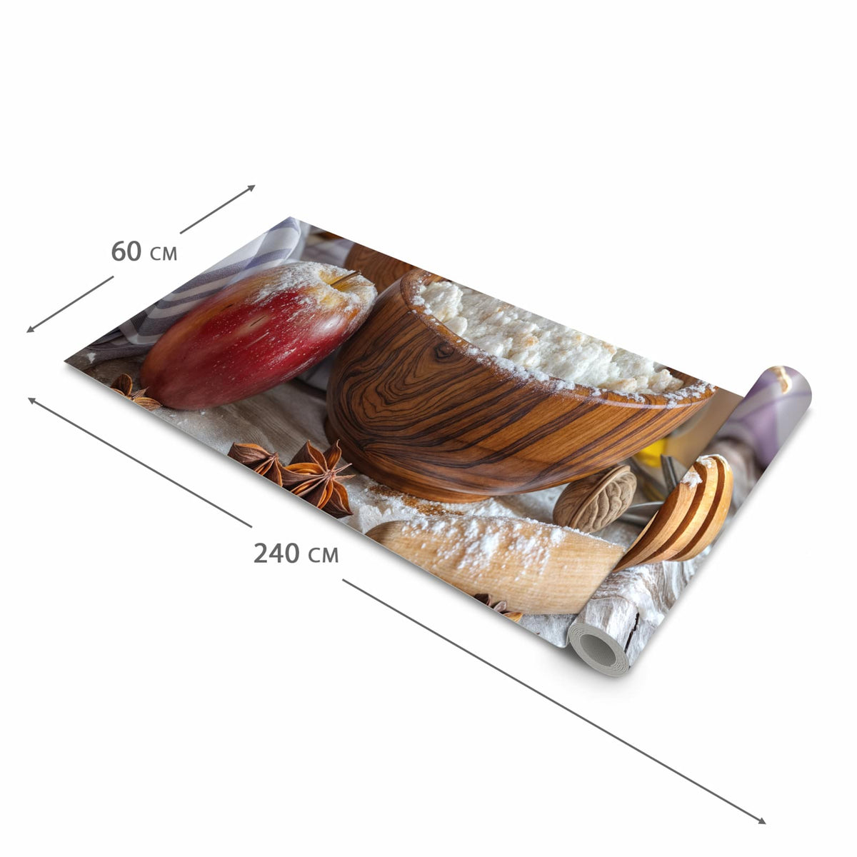 Pflegeleichter rutschfester Küchenläufer mit Motiv Backzubehör Rustikal in der Grösse 60x300 cm