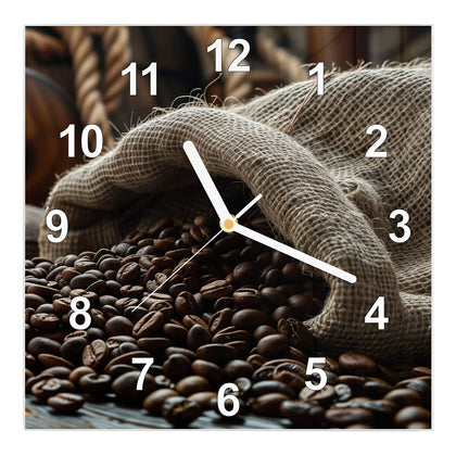 Wanduhr Quadratisch mit dem Motiv Kaffeesack mit Bohnen