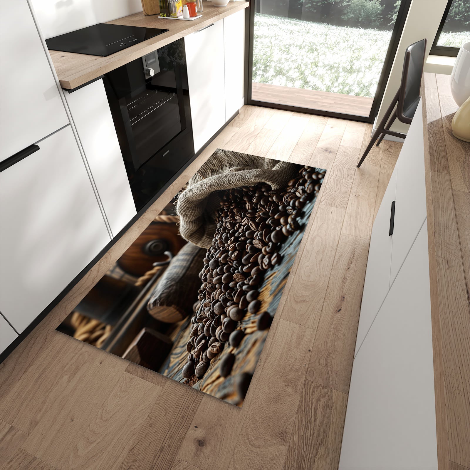 Schmutzabweisender Küchenteppich mit Motiv Kaffeebohnen Sack in moderner Küche