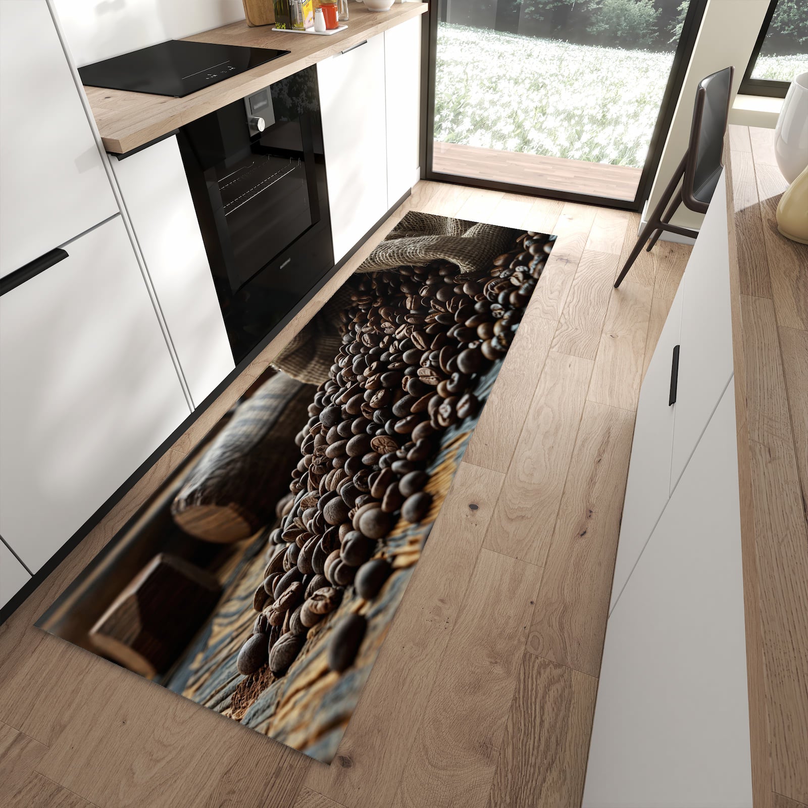 Komfortabler Küchenteppich mit Motiv Kaffeebohnen Sack in moderner Küche - abwaschbar