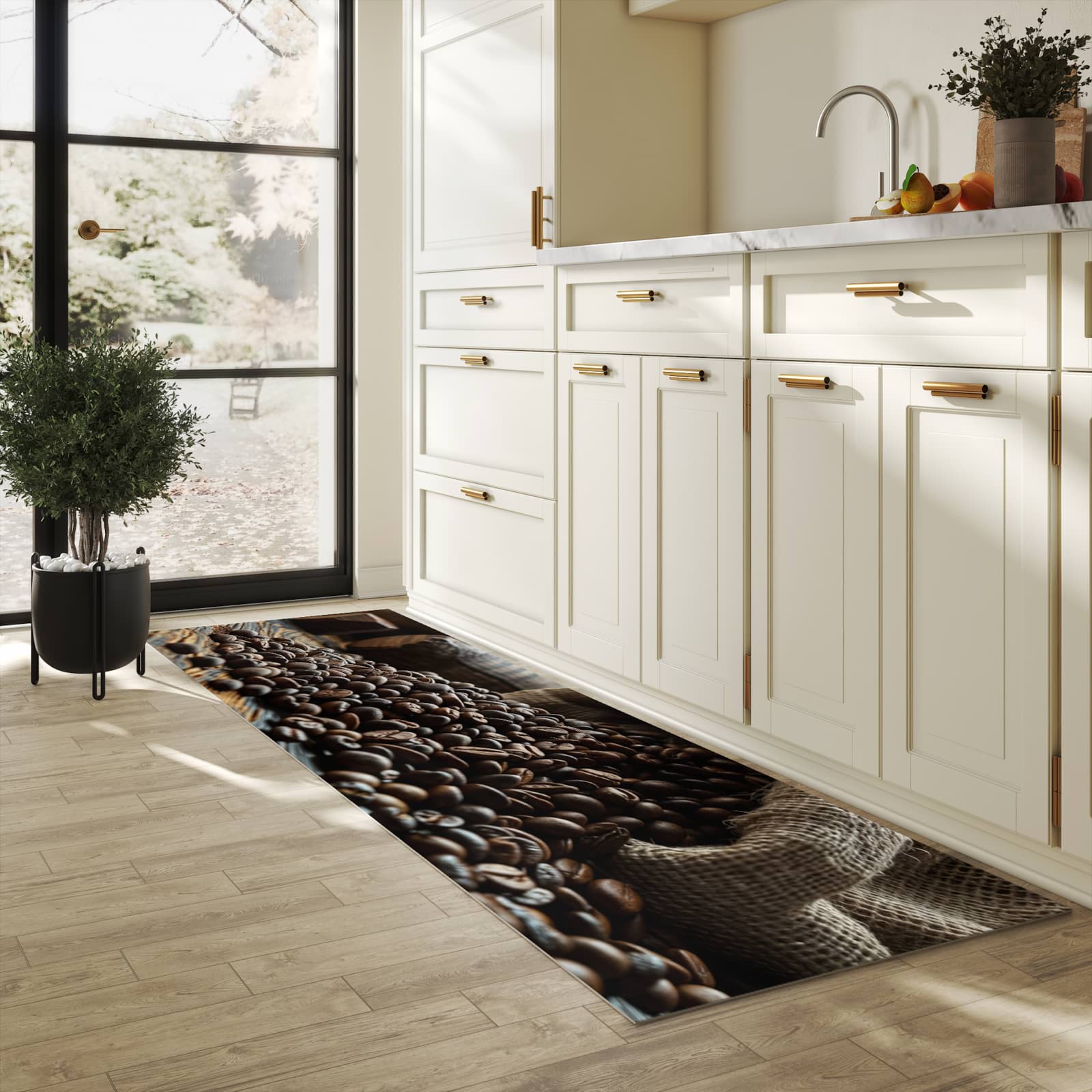 Fleckenresistenter langer Teppich mit Motiv Kaffeebohnen Sack in heller Küche