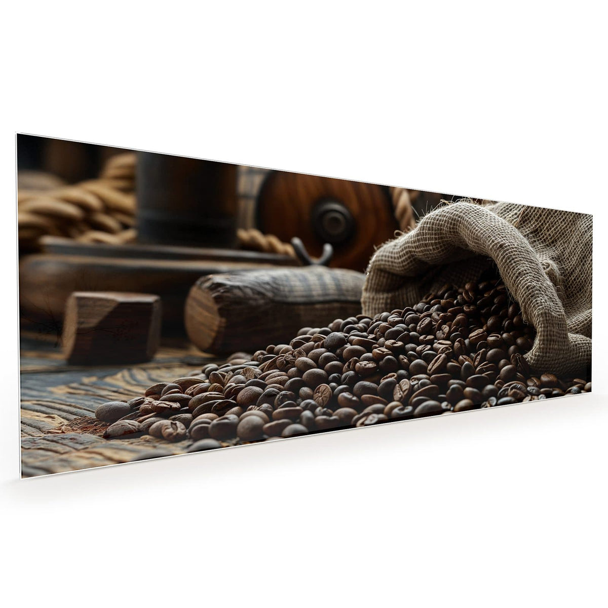 Küchenrückwand aus Glas im Hochformat mit Motiv Kaffeesack mit Bohnen: Dunkle Kaffeebohnen, die aus einem geöffneten Jutesack auf den Tisch quellen #grösse_40 x 100 cm #grösse_50 x 125 cm #grösse_60 x 150 cm