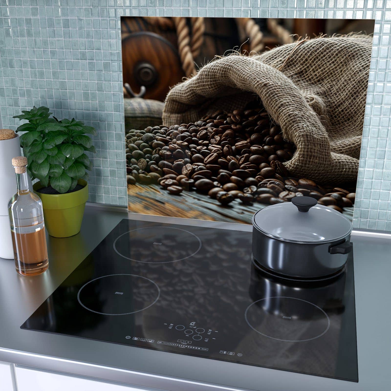 1-teilige Herdabdeckplatte Induktion mit Kaffeebohnen Sack-Motiv als Spritzschutz hinter dem Kochfeld