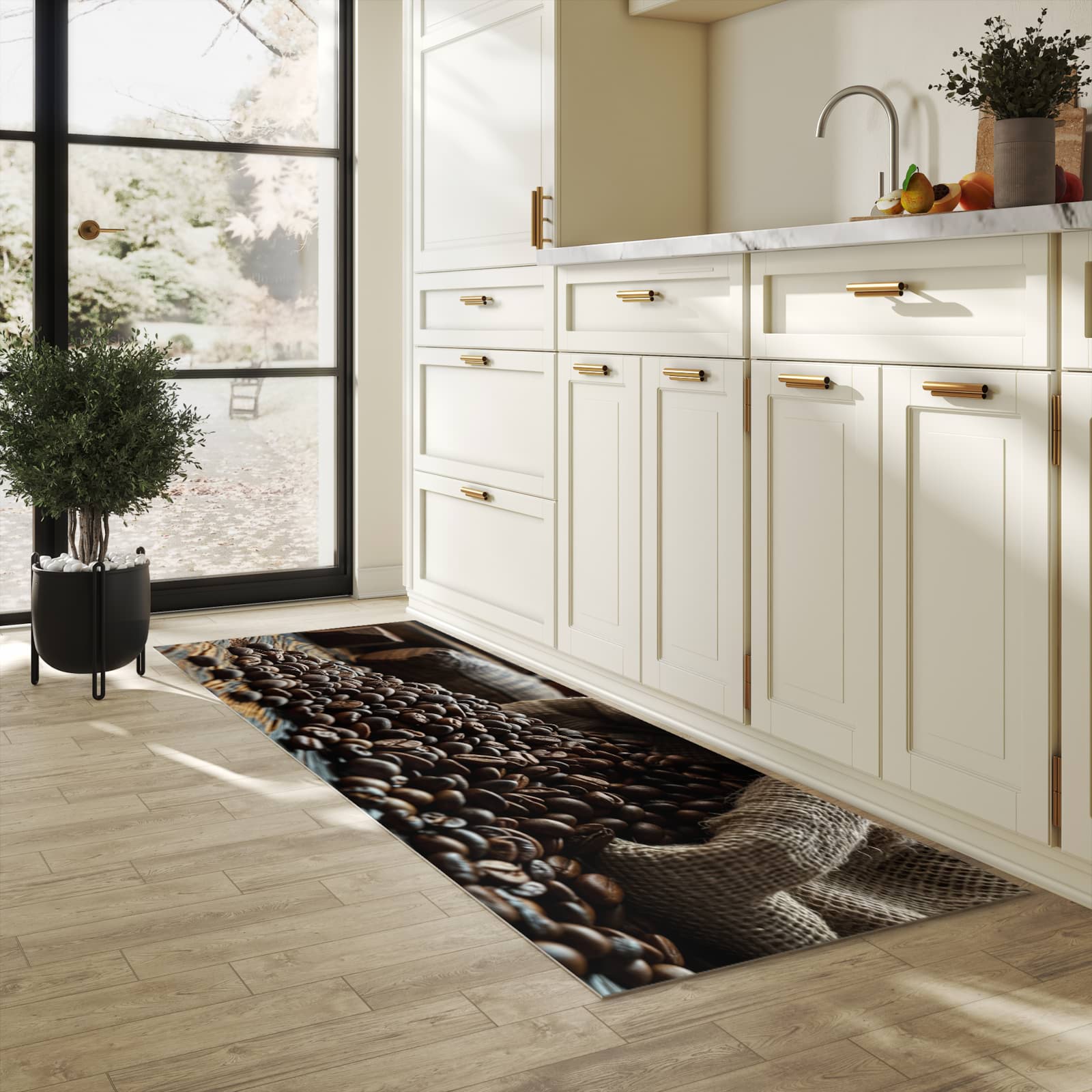 Wasserabweisender Küchenläufer mit Motiv Kaffeebohnen Sack in heller Küche